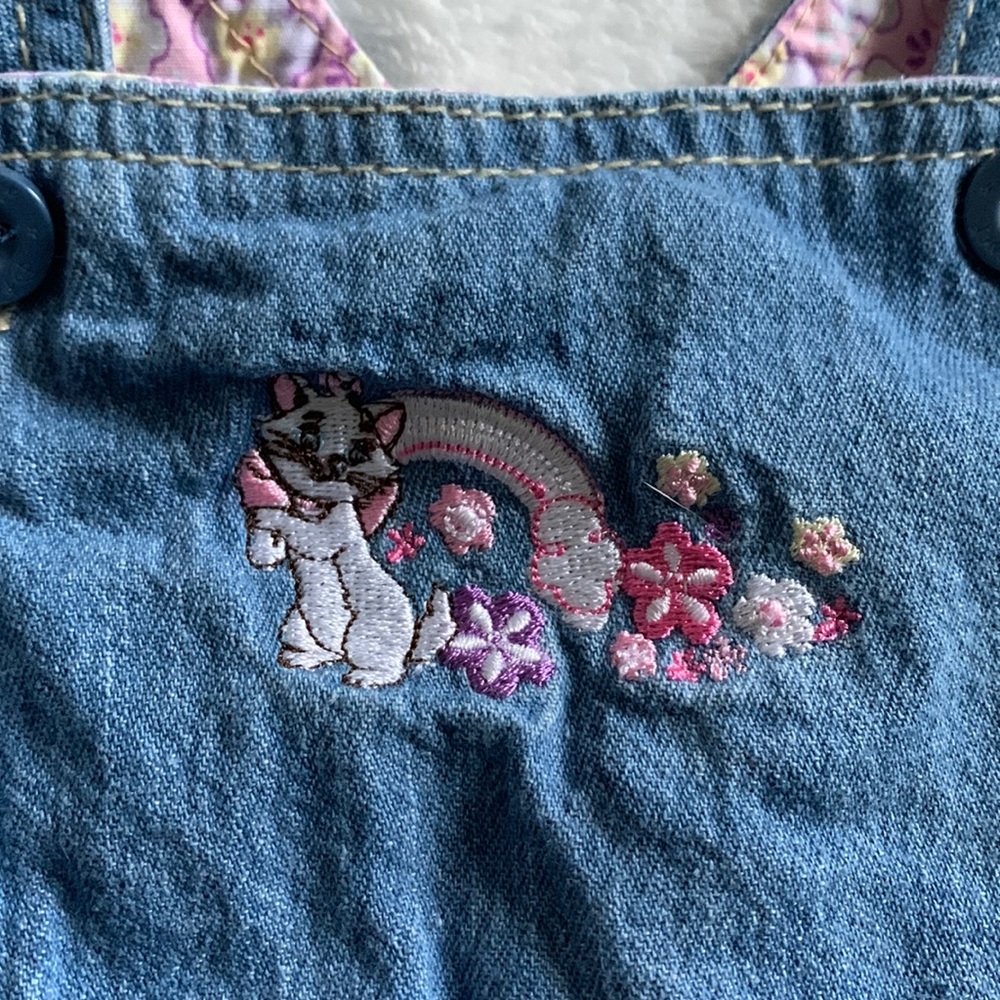 Vintage Disney Baby Girl Denim And Purple Floral Overall Dress Aristocats 0-3
